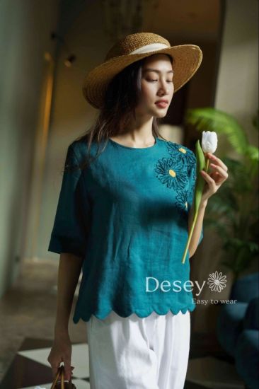 Áo linen xé vải thêu tay Khiết Hoa - Tiệm Desey